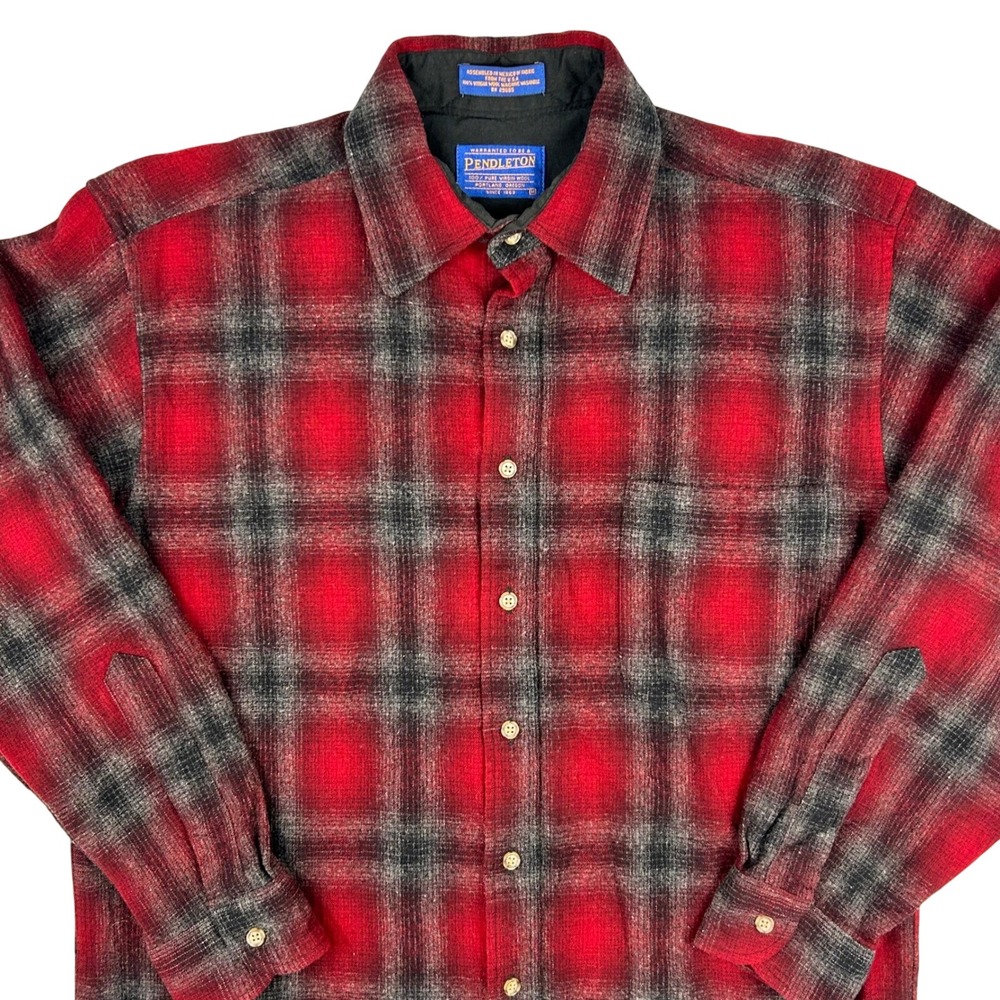 Pendleton Mens Red Grey Shadow Plaid Virgin Wool Board Shirt Medium RN 29685